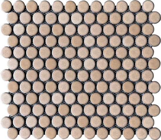 Beige circular mosaic tiles arranged in a grid pattern