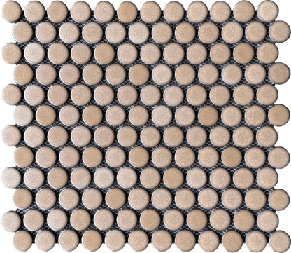 Beige circular mosaic tiles arranged in a grid pattern