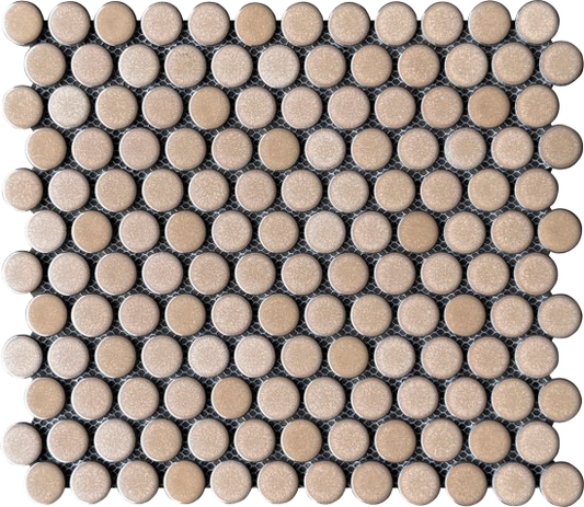 Beige circular mosaic tiles arranged in a grid pattern