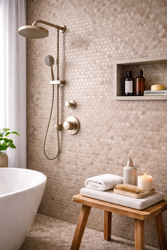 Bathroom with tiled wall, shower setup, and wooden stool with towels and candles.