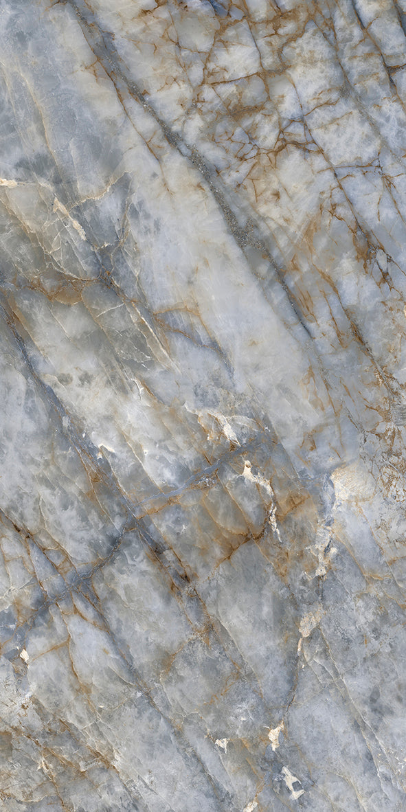 Close-up of a marble-like stone with gray and brown patterns