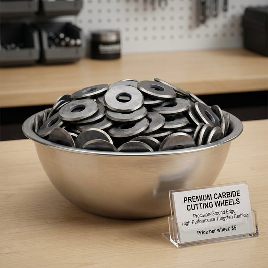 Metal bowl filled with carbide cutting wheels on a wooden surface with a price label.