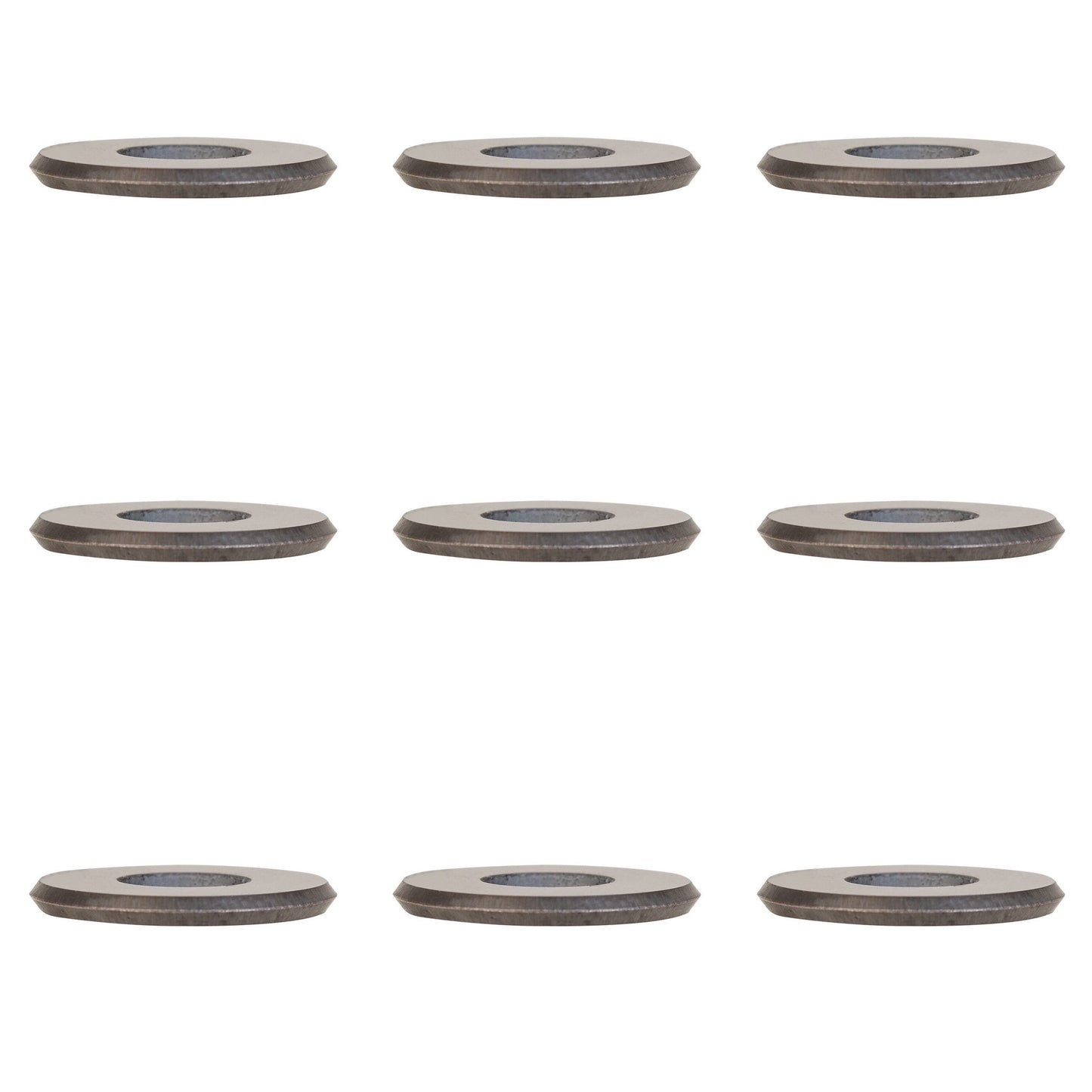 Set of eight metallic circular scoring wheels on a white background