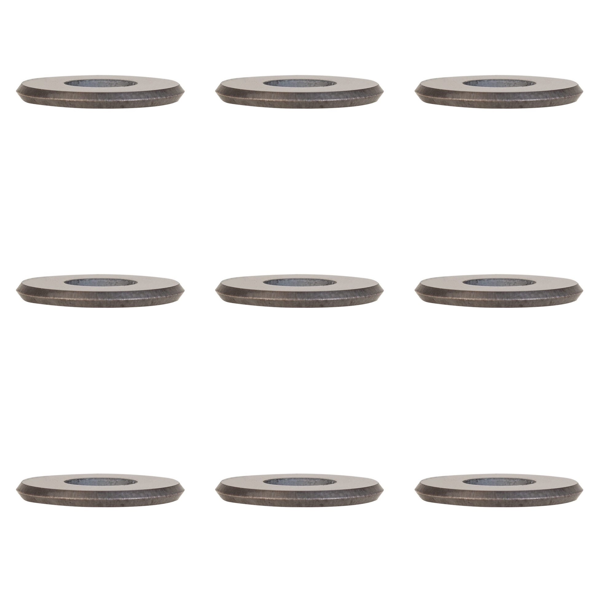 Set of eight metallic circular scoring wheels on a white background