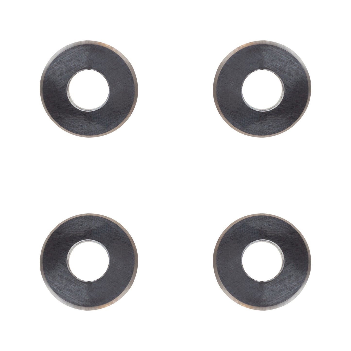 Four metallic scoring wheels on a white background