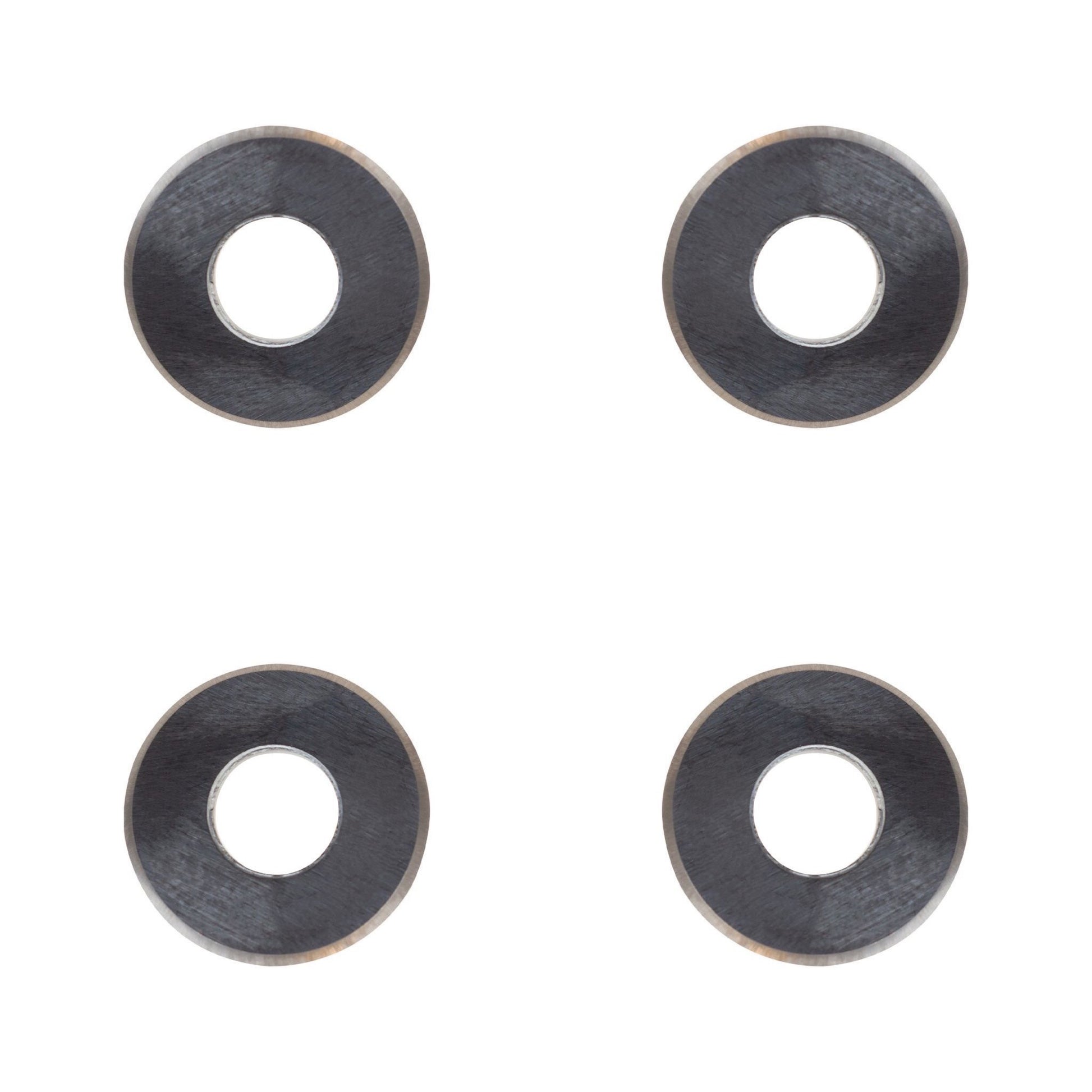 Four metallic scoring wheels on a white background
