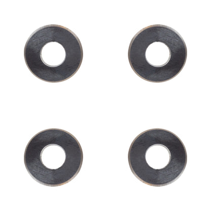 Four metallic scoring wheels on a white background