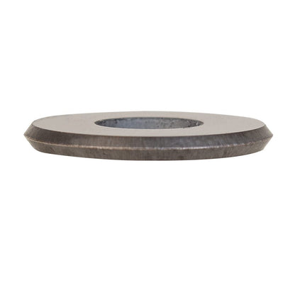 Metallic scoring wheel disc with a central hole on a white background