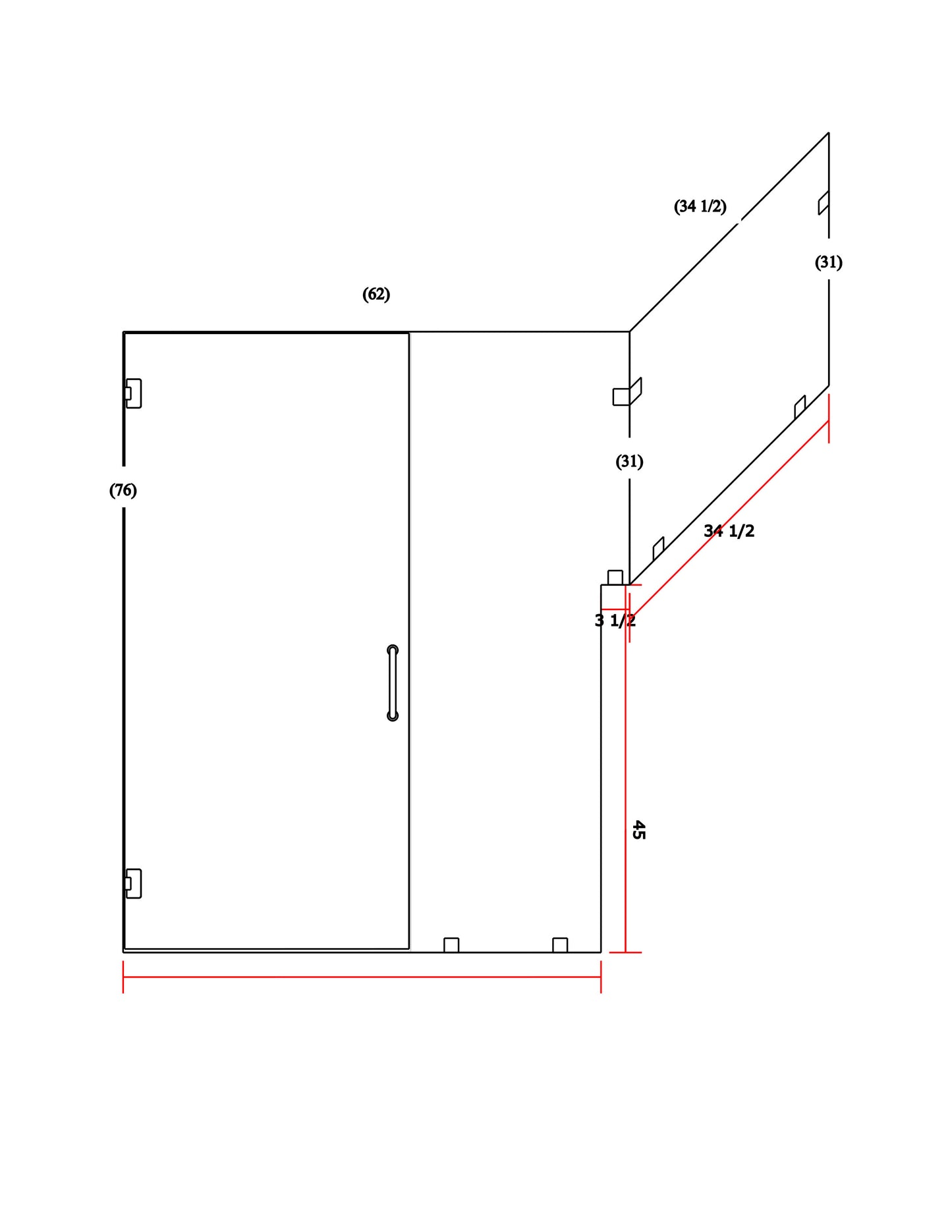 Frameless Shower Enclosure 62"x34-1/2"x76"