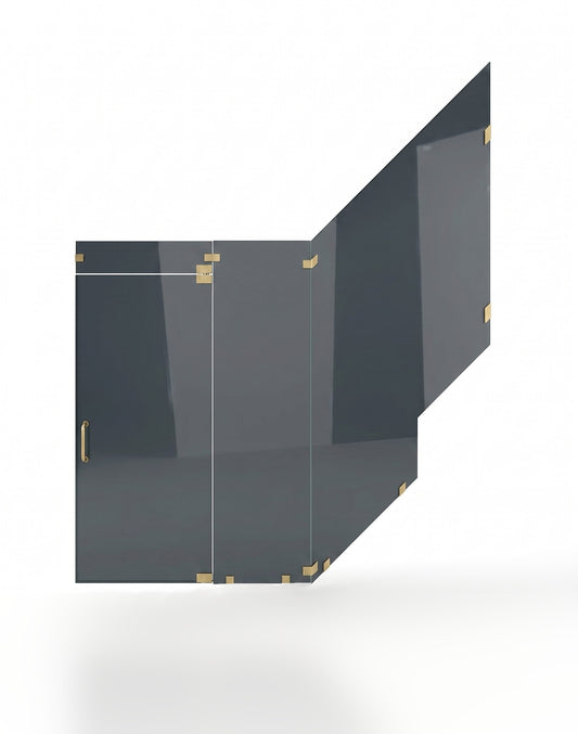 A modern, minimalist folding screen or room divider made of dark gray translucent panels with small gold corner brackets and a slim gold handle, shown on a clean white background.