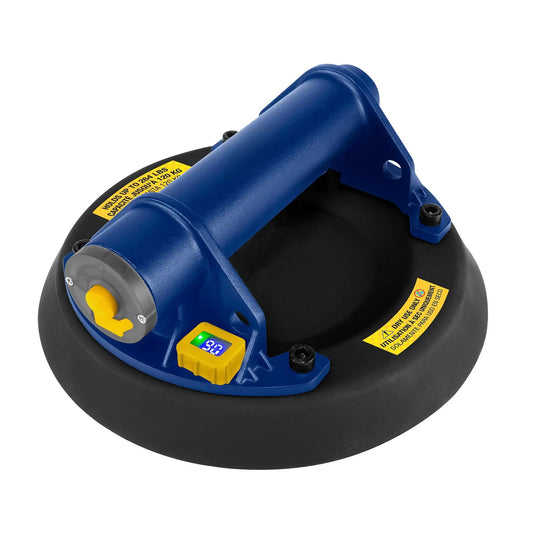 A blue and black circular tool with a yellow handle grip and warning labels, photographed on a clean white background.