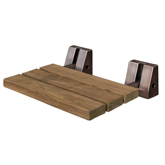 A wooden bathtub or shower bench with three slatted support bars and two dark metal wall brackets, shown on a plain white background.
