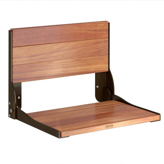 Wooden wall-mounted bench with metal frame on a white background
