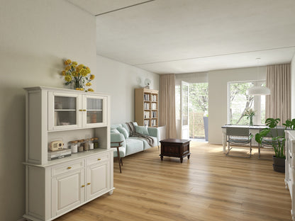 Modern living room with white furniture, bookshelf, and decor.
