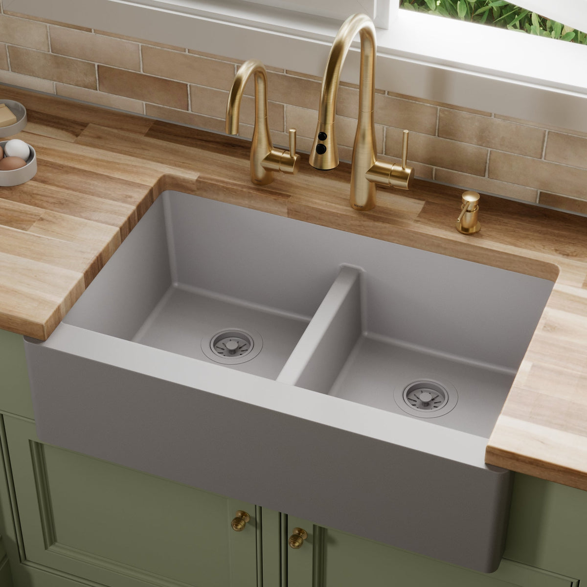 Grey Double Equal Bowl Farmhouse Sink 34"