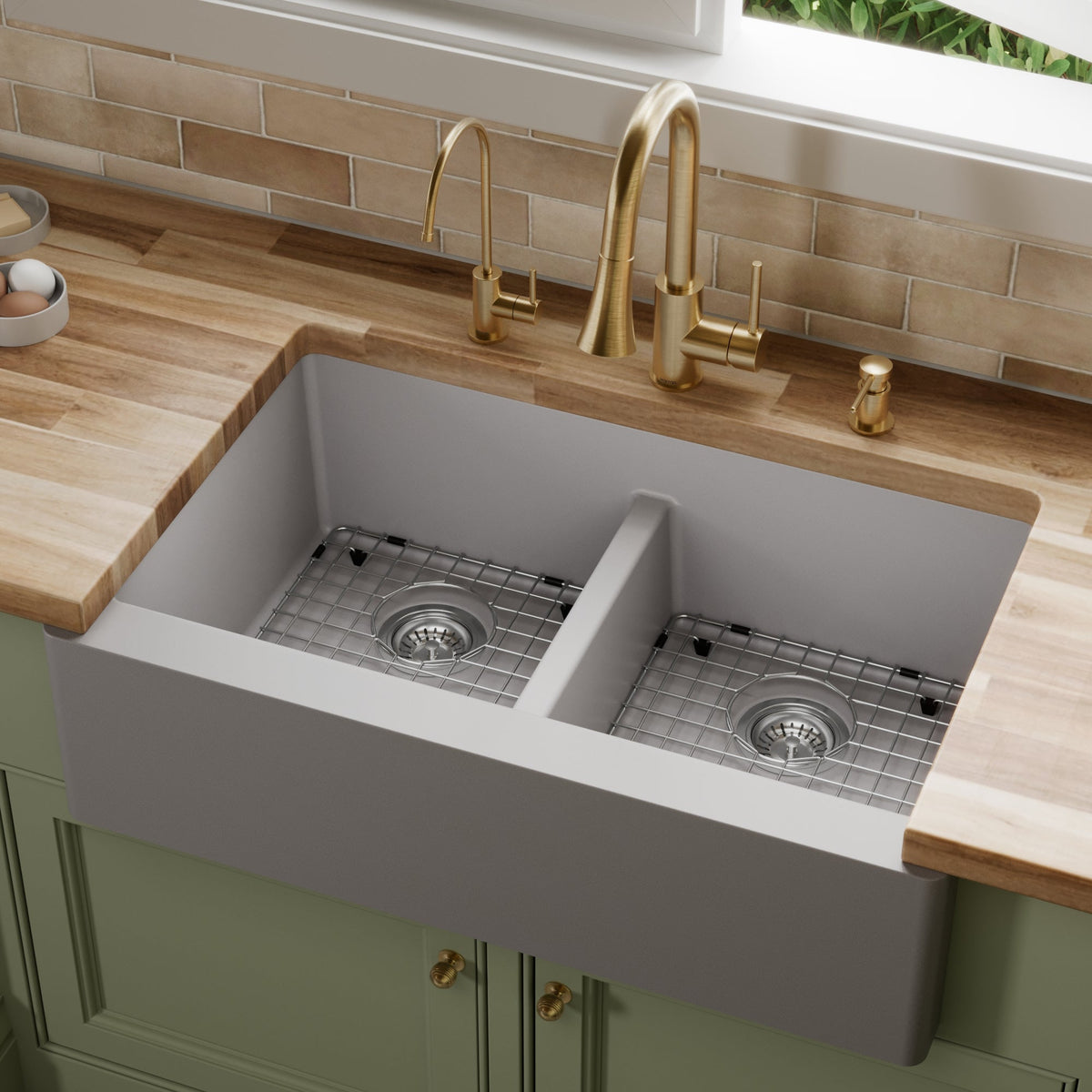 Grey Double Equal Bowl Farmhouse Sink 34"