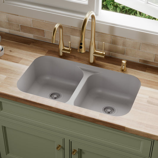 Grey Double Equal Bowl Seamless Undermount Sink 32-1/2"