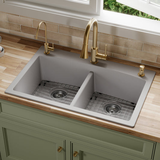 Grey Double Equal Bowl Top Mount Sink 33"