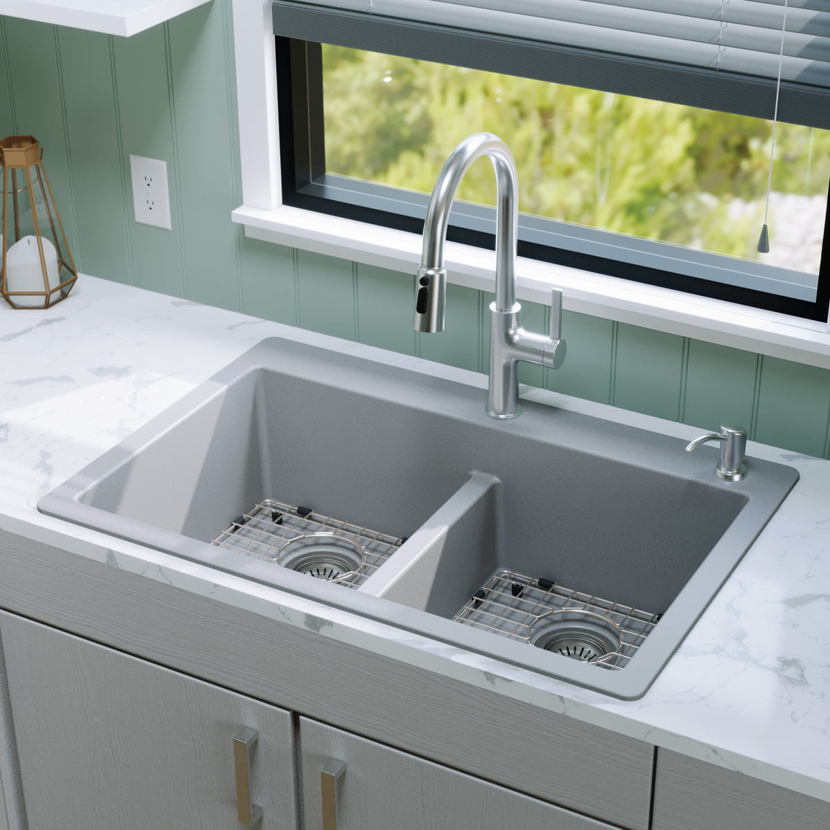 Grey Double Equal Bowl Top Mount Sink 33"