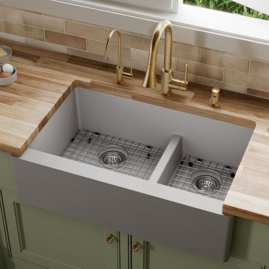 Grey Large/Small Bowl Farmhouse Sink 34"