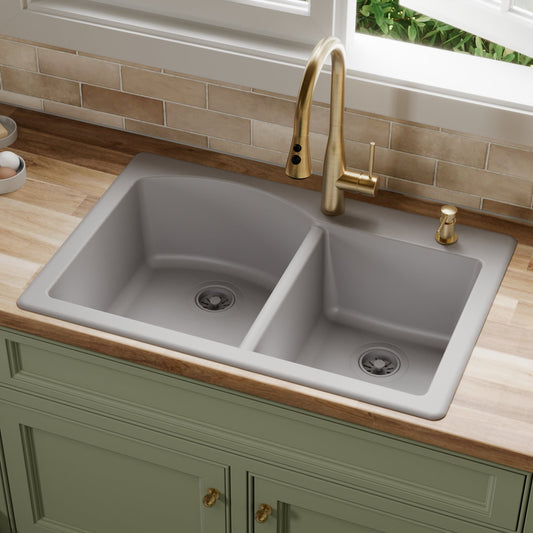 Grey Large/Small Bowl Top Mount Sink 33"
