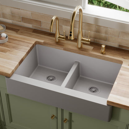 Grey Retrofit Double Equal Bowl Farmhouse Sink 34"