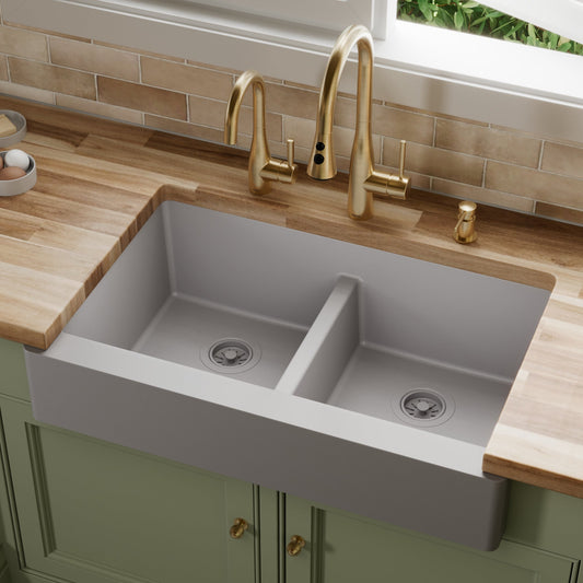 Grey Retrofit Double Equal Bowl Farmhouse Sink 34"
