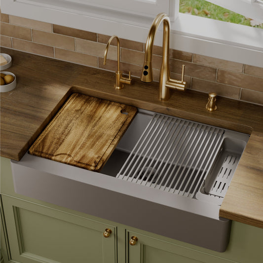 Grey Retrofit Large Single Bowl Farmhouse Workstation Sink 34"
