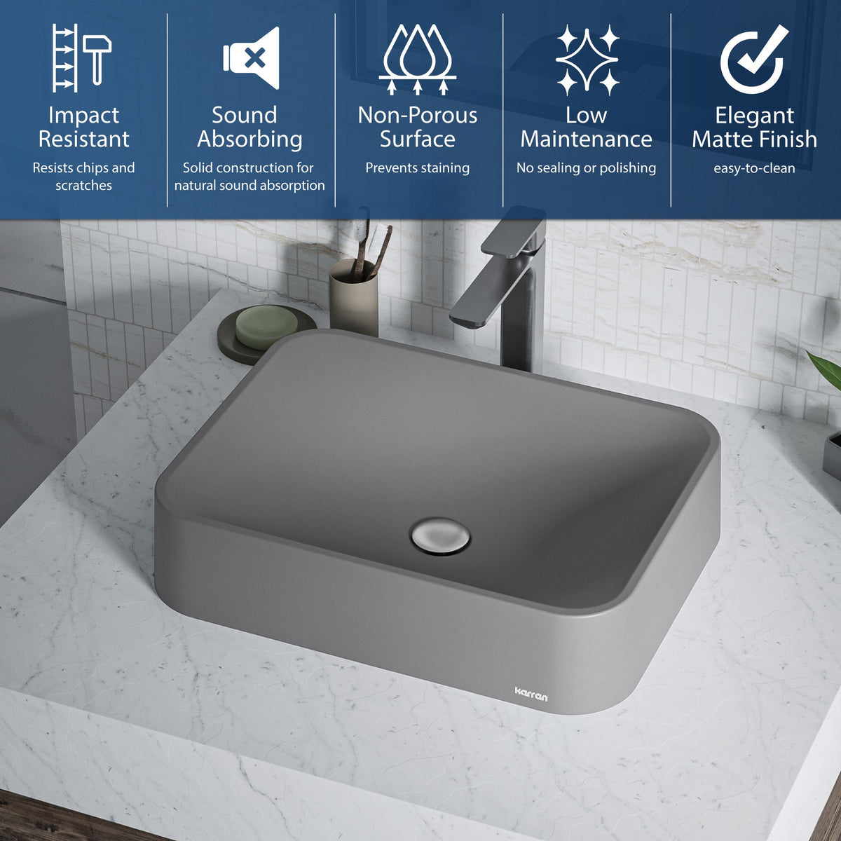 Grey Seacrest Quartz Vessel Vanity Sink 21-1/2"