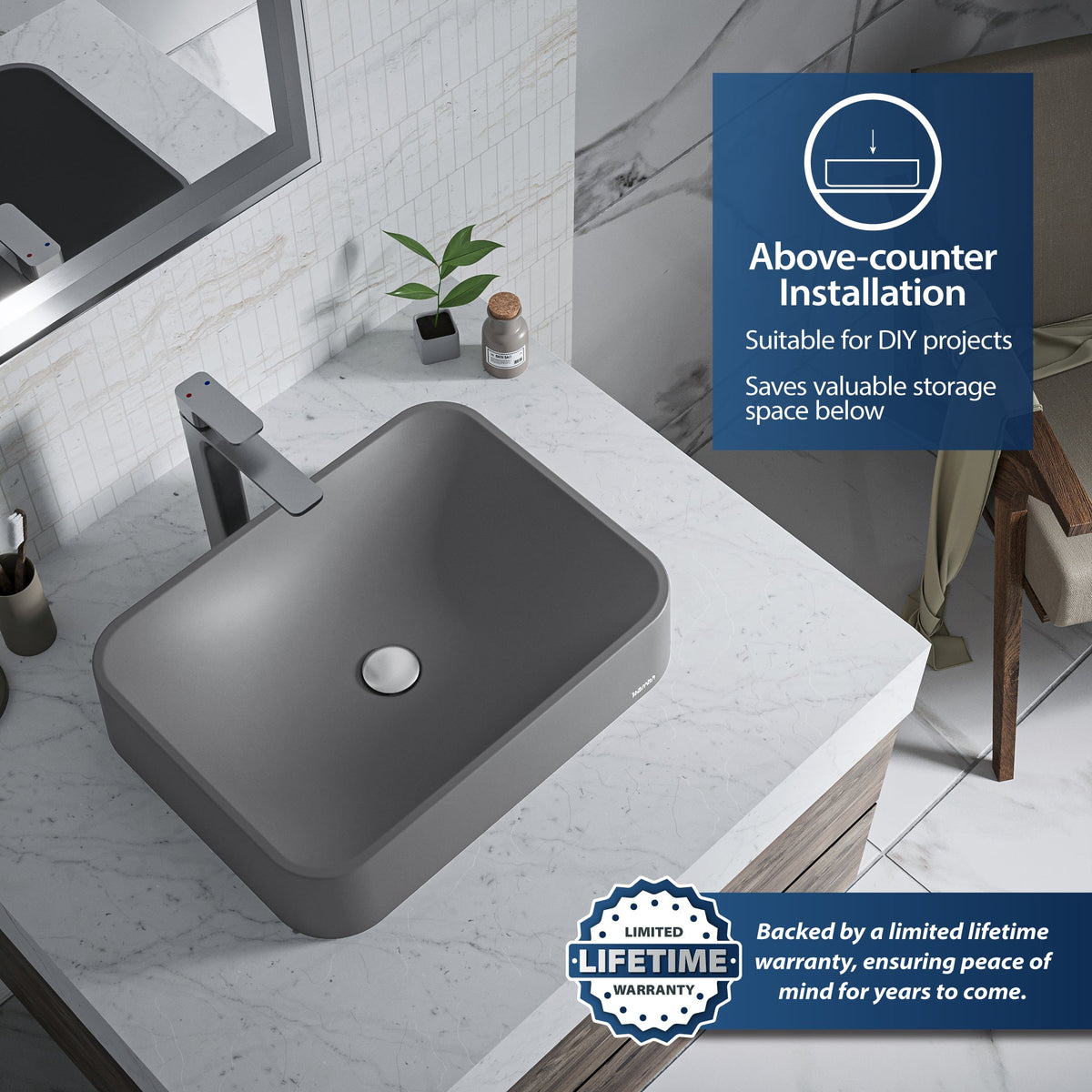 Grey Seacrest Quartz Vessel Vanity Sink 21-1/2"