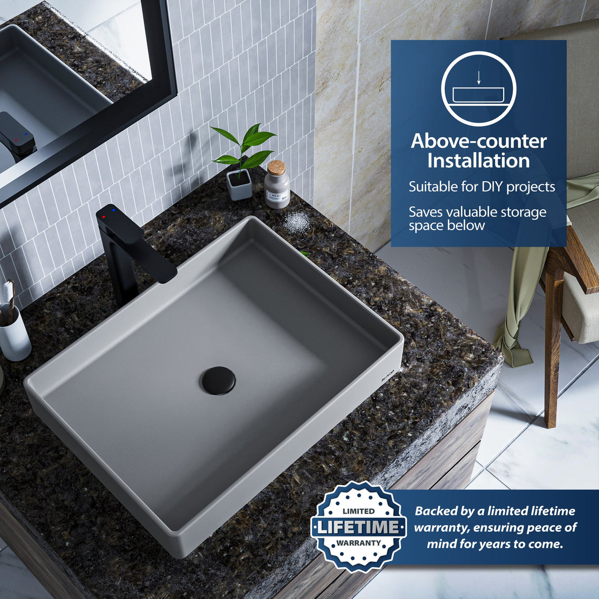 Grey Spark Quartz Vessel Vanity Sink 23-5/8"