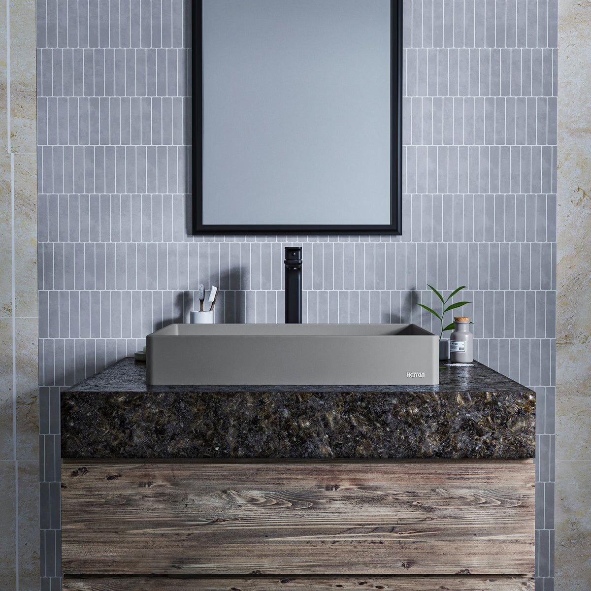 Grey Spark Quartz Vessel Vanity Sink 23-5/8"