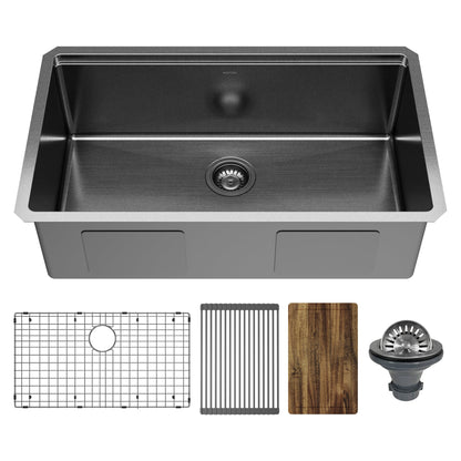 Gunmetal Black Large Single Bowl Undermount Workstation Sink 32"