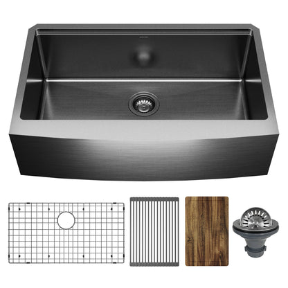 Gunmetal Black Single Bowl Farmhouse Workstation Sink 33"