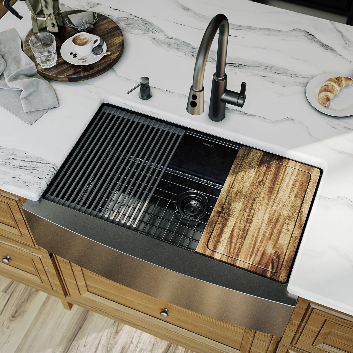 Gunmetal Black Single Bowl Farmhouse Workstation Sink 33"