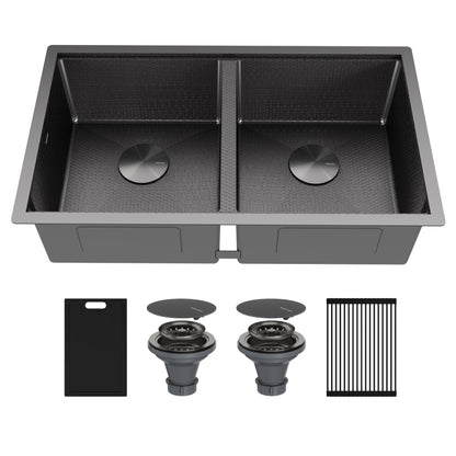 Gunmetal Grey Double Bowl Undermount Workstation Sink 32"
