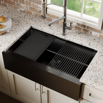 Gunmetal Grey Single Bowl Farmhouse Workstation Sink 33"