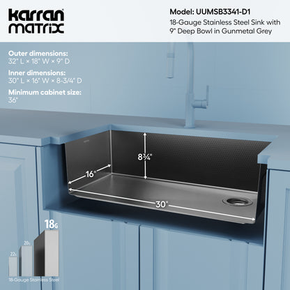 Gunmetal Grey Single Bowl Undermount Sink 32"
