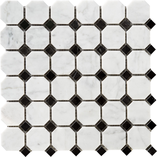 White Carrara 2" Octagon w/Black Dots