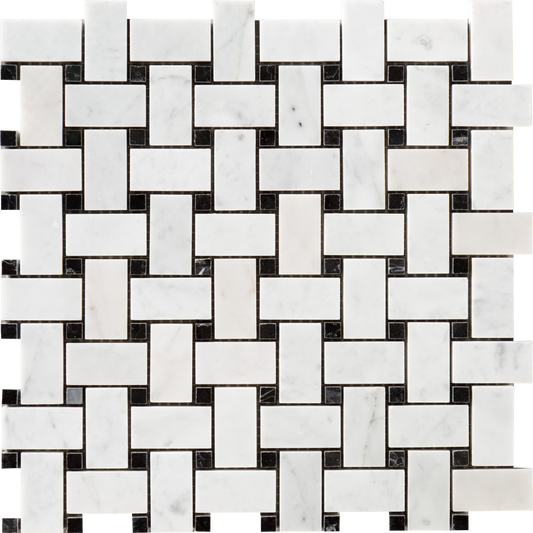 White Carrara Basketweave w/Black Dots Mosaic