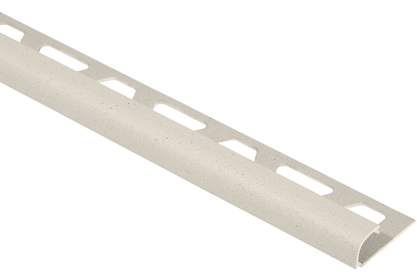 A light beige textured plastic channel strip with elongated cutouts, shown diagonally on a plain white background.