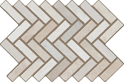 Herringbone pattern of beige and white tiles