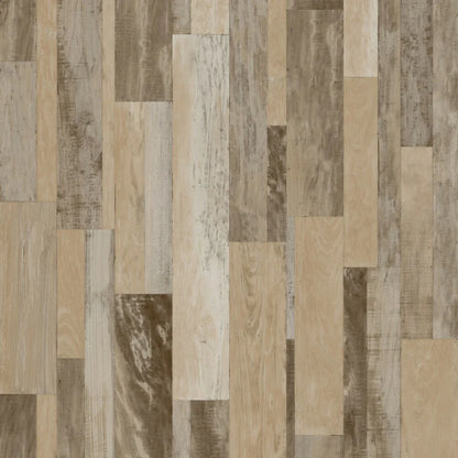 Wooden flooring with a patchwork pattern of various wood tones.