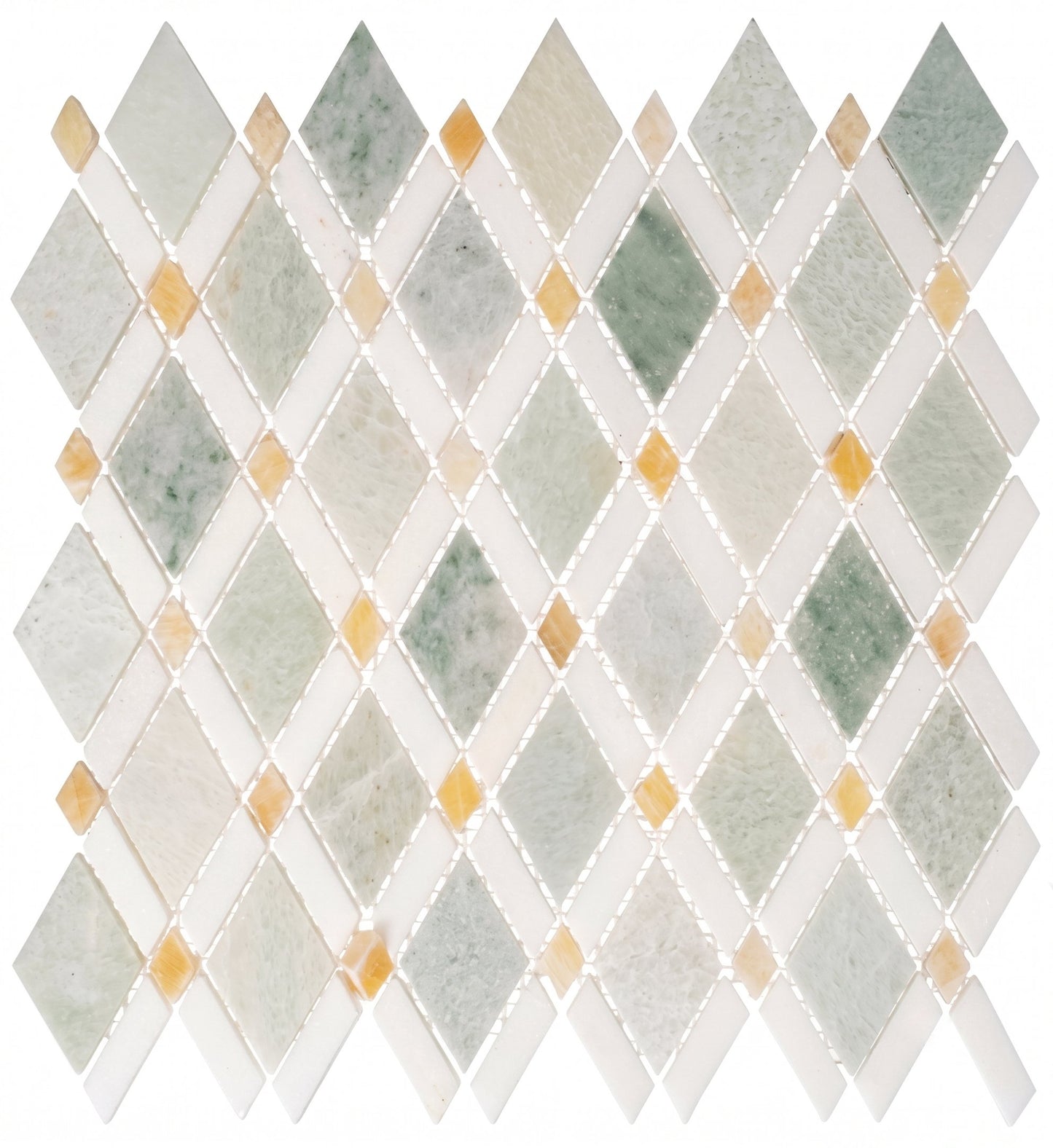 Mosaic pattern of green, beige, and white tiles arranged in a diamond pattern.