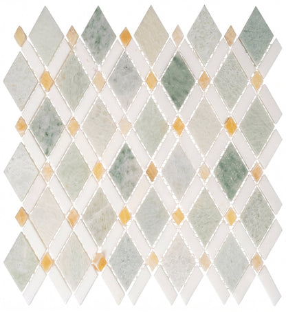Mosaic pattern of green, beige, and white tiles arranged in a diamond pattern.
