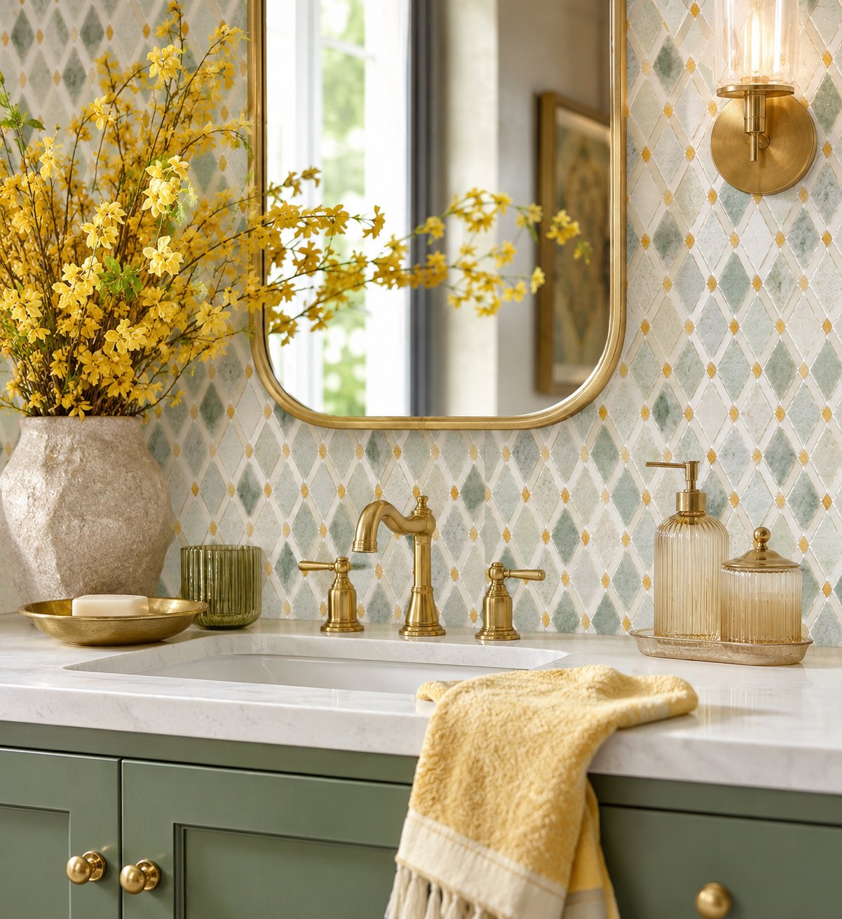 Bathroom vanity with gold fixtures, yellow flowers, and decorative items against a patterned wall.