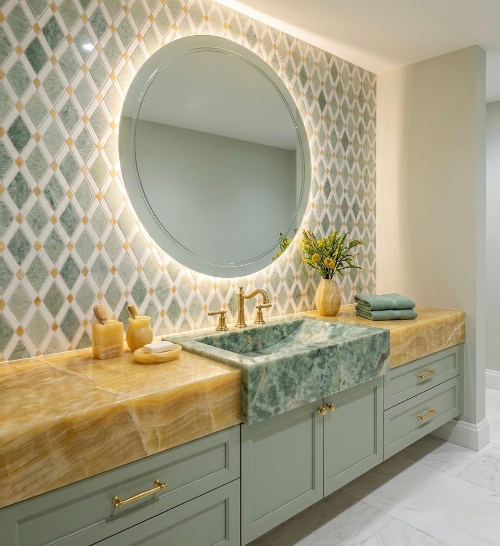Bathroom vanity with marble countertop, round mirror, and decorative elements.