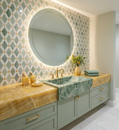 Bathroom vanity with marble countertop, round mirror, and decorative elements.