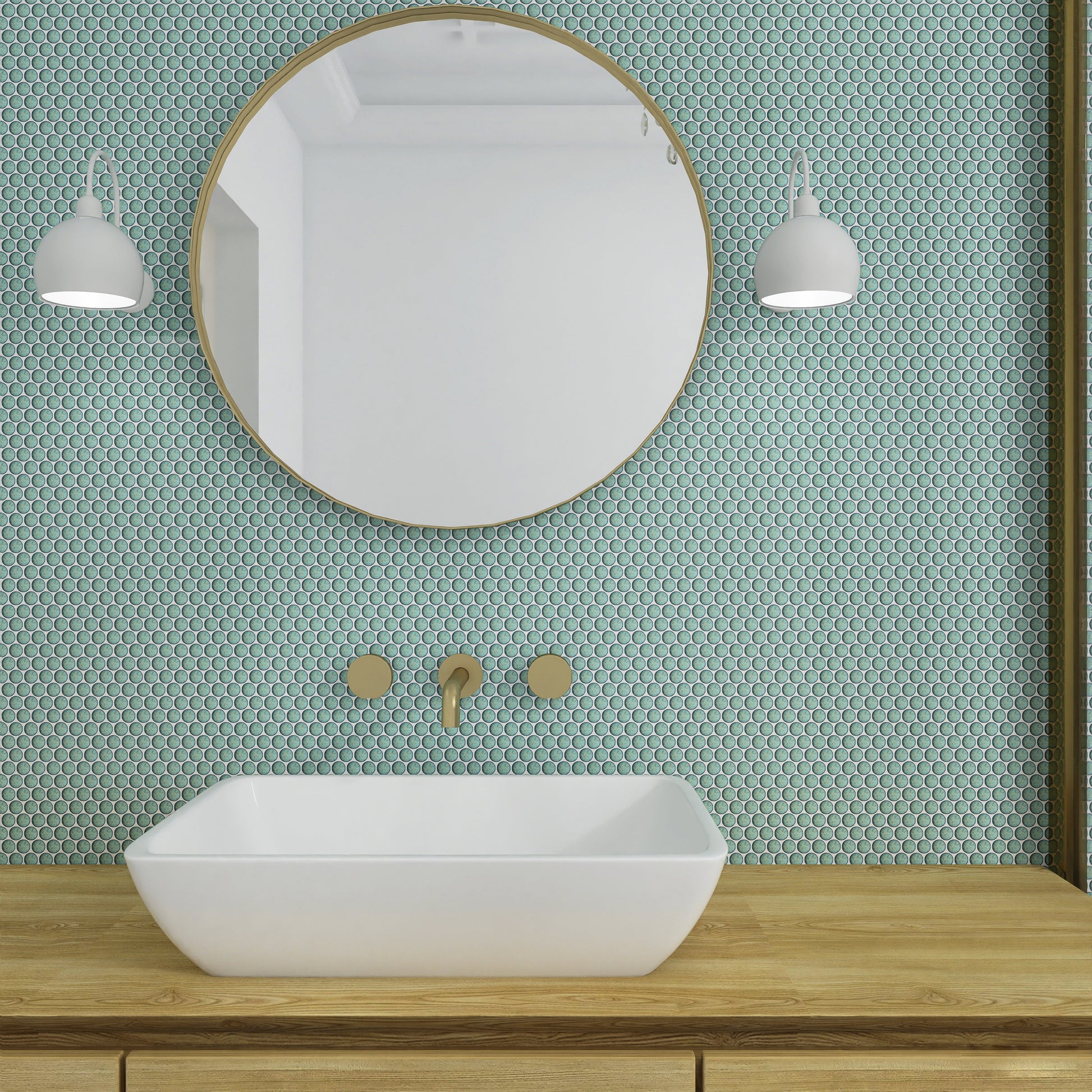Bathroom with round mirror, white sink, and patterned green wall.