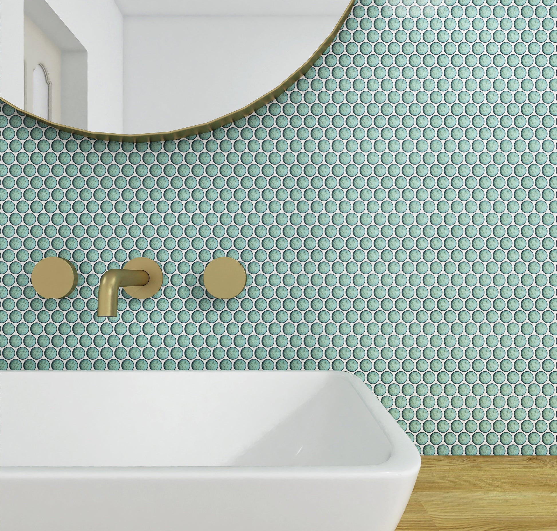 Bathroom with green penny tile wall and white sink
